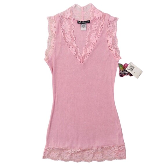 New Vtg Lace Tank Top Self Esteem S Small Long Layering Baby Pink Ribbed Y2K NWT - Picture 1 of 7